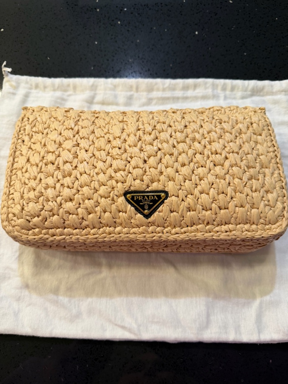 Prada Woven Raffia Clutch in Natural Beige with Black Logo - Picture 2 of 5
